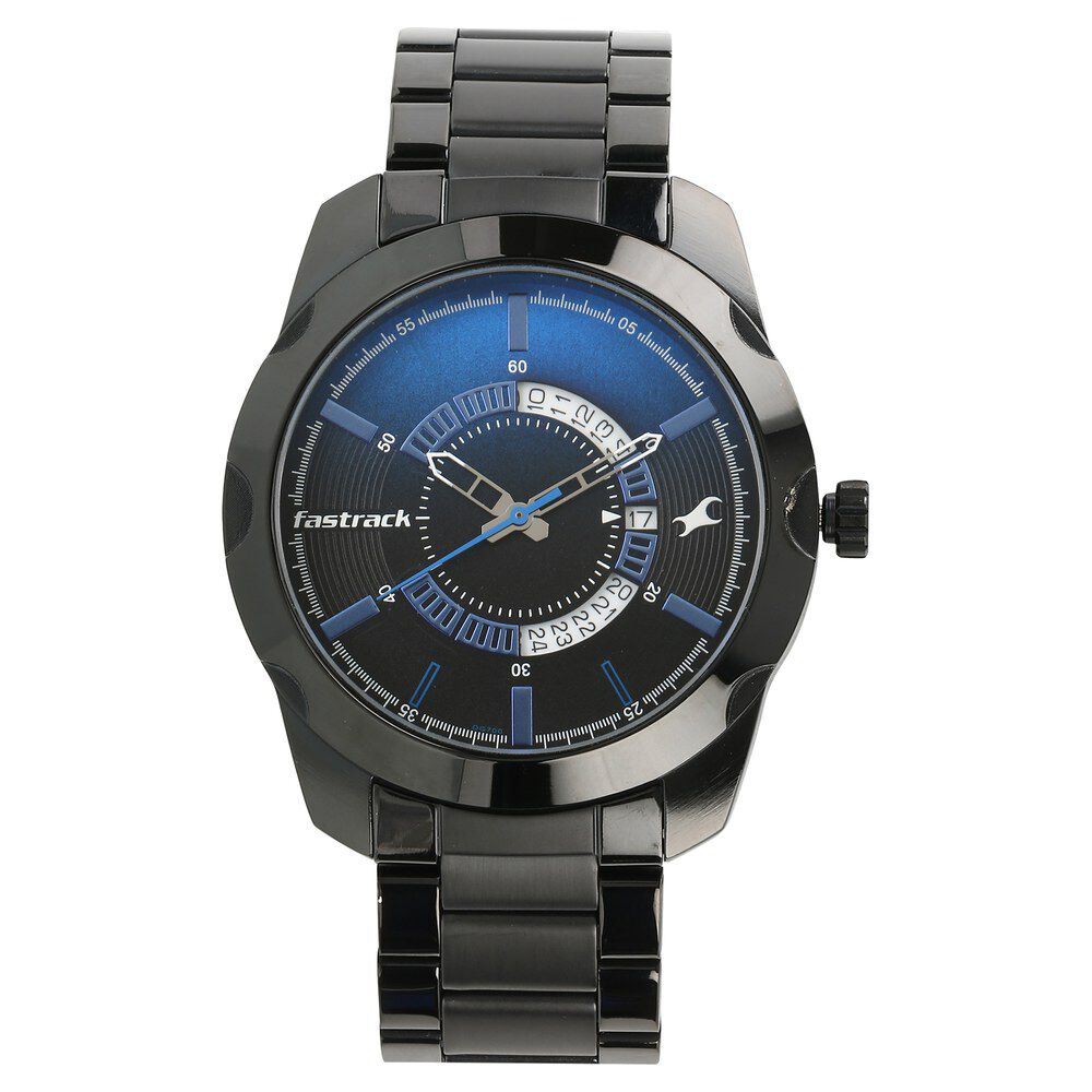 Fastrack Tick Tock Quartz Multifunction Black Dial Metal Strap Watch for  Guys