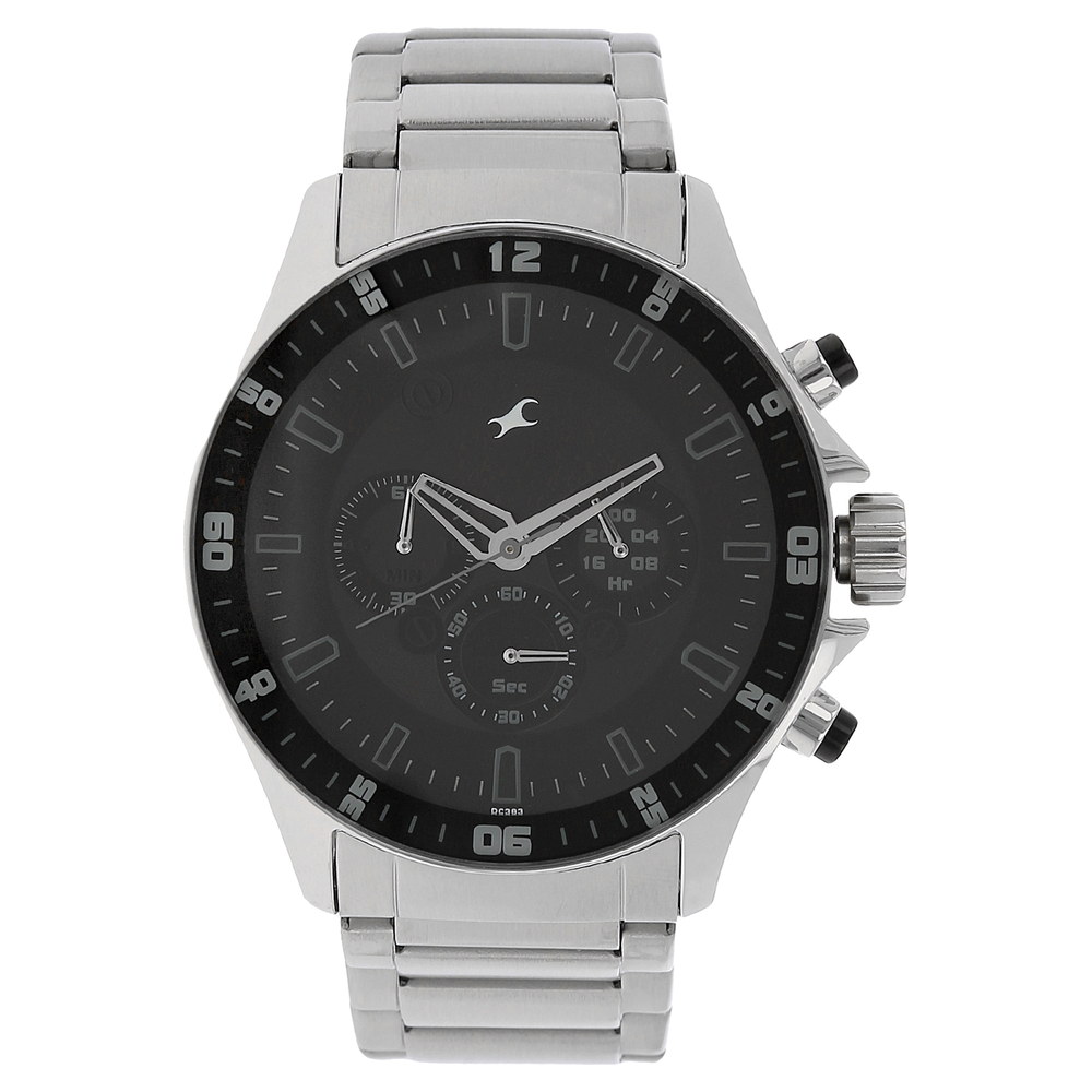 Buy Online Fastrack Big Time Quartz Chronograph Black Dial Stainless Steel Strap Watch for Guys ns3072sm01 Fastrack