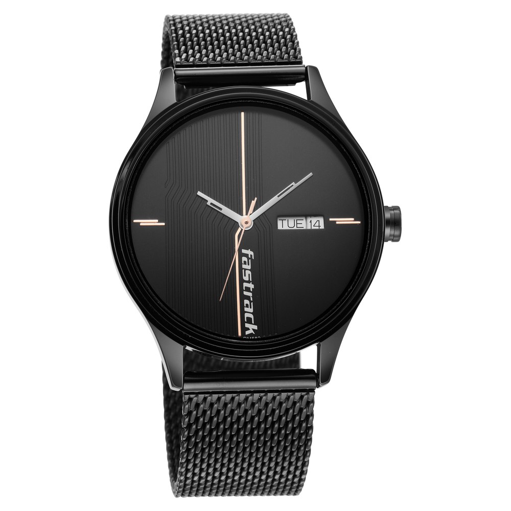 Fastrack Style Up Quartz Analog with Day and Date Black Dial Stainless ...