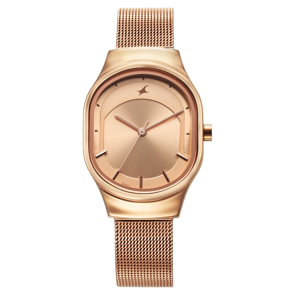 Fastrack Style Up Golden Dial Stainless Steel Strap Watch for Girls